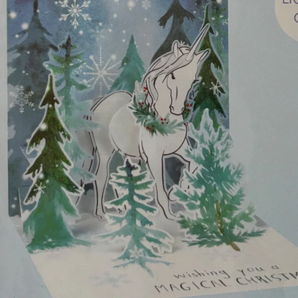 3 Christmas Winter Wreath Unicorn Pop Up Greeting Cards Holiday Mantel Snowflake